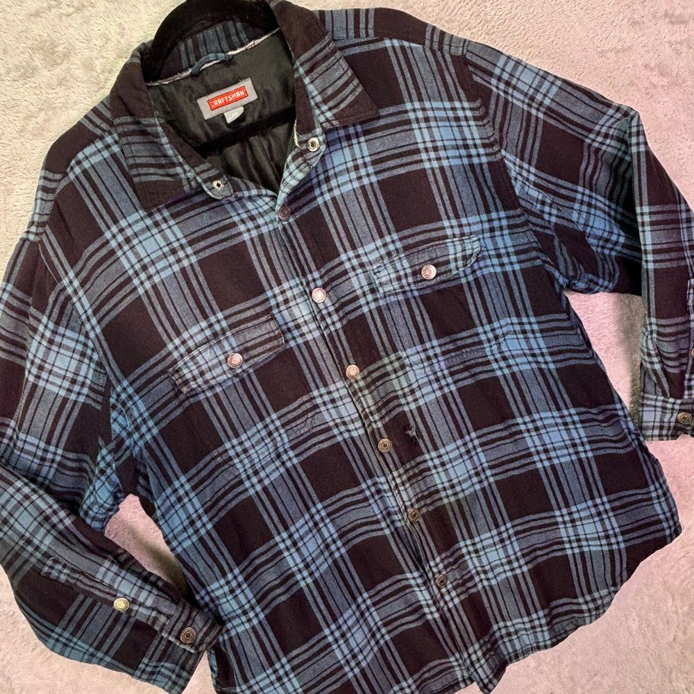 Craftsman Men Shirt Jacket Size Large Blue Plaid Quilted Lined Workwear